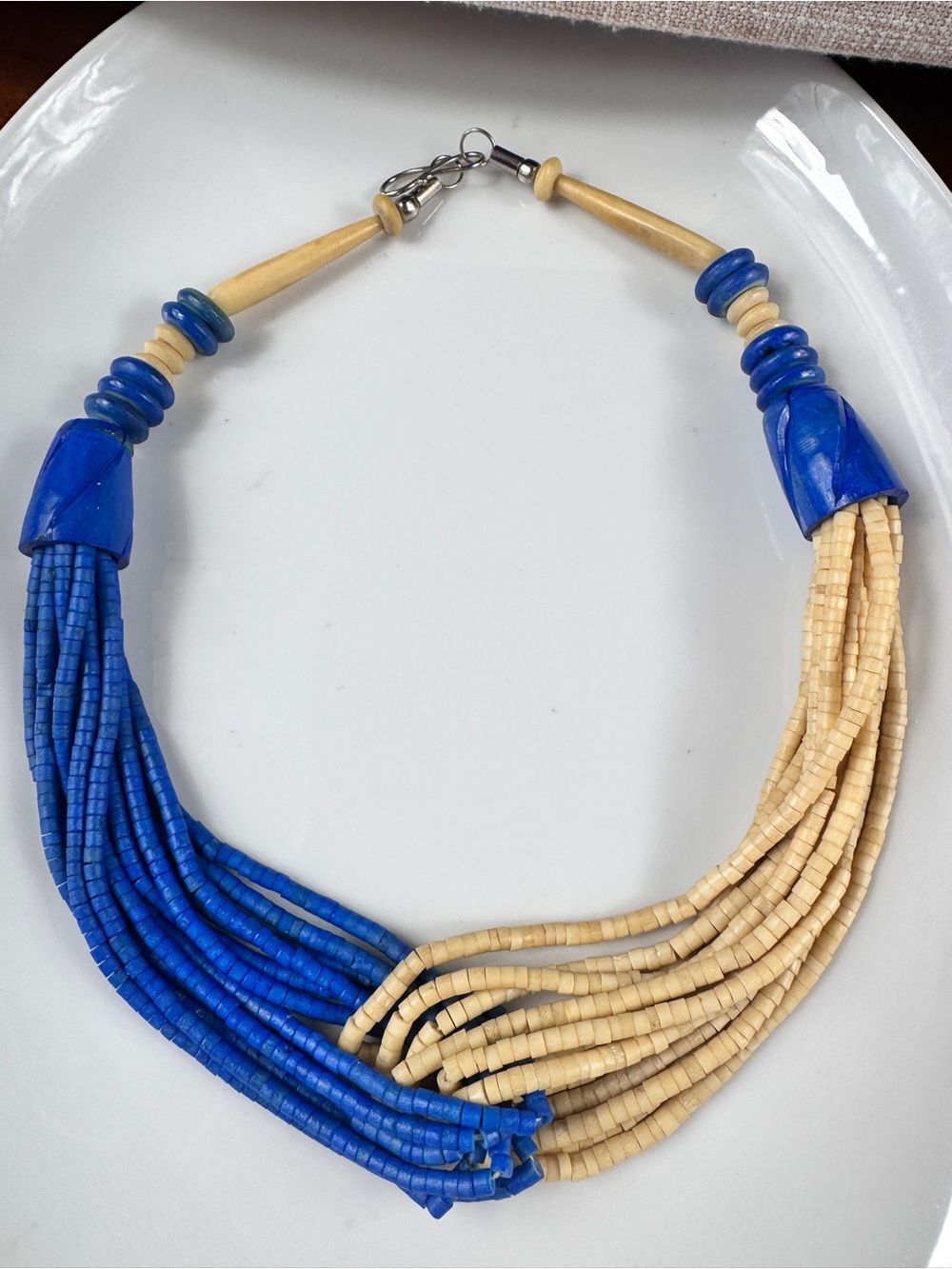 Vintage Dyed Blue and Cream Bone Beaded Necklace